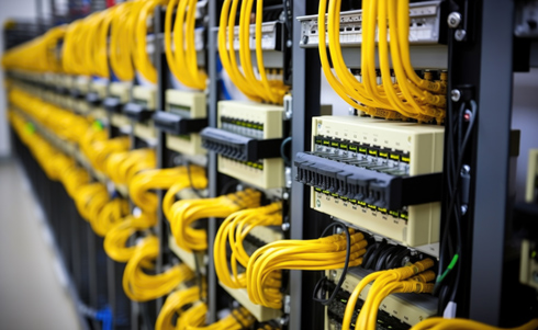 cat6 networking cables plugged in a switch, in a server room